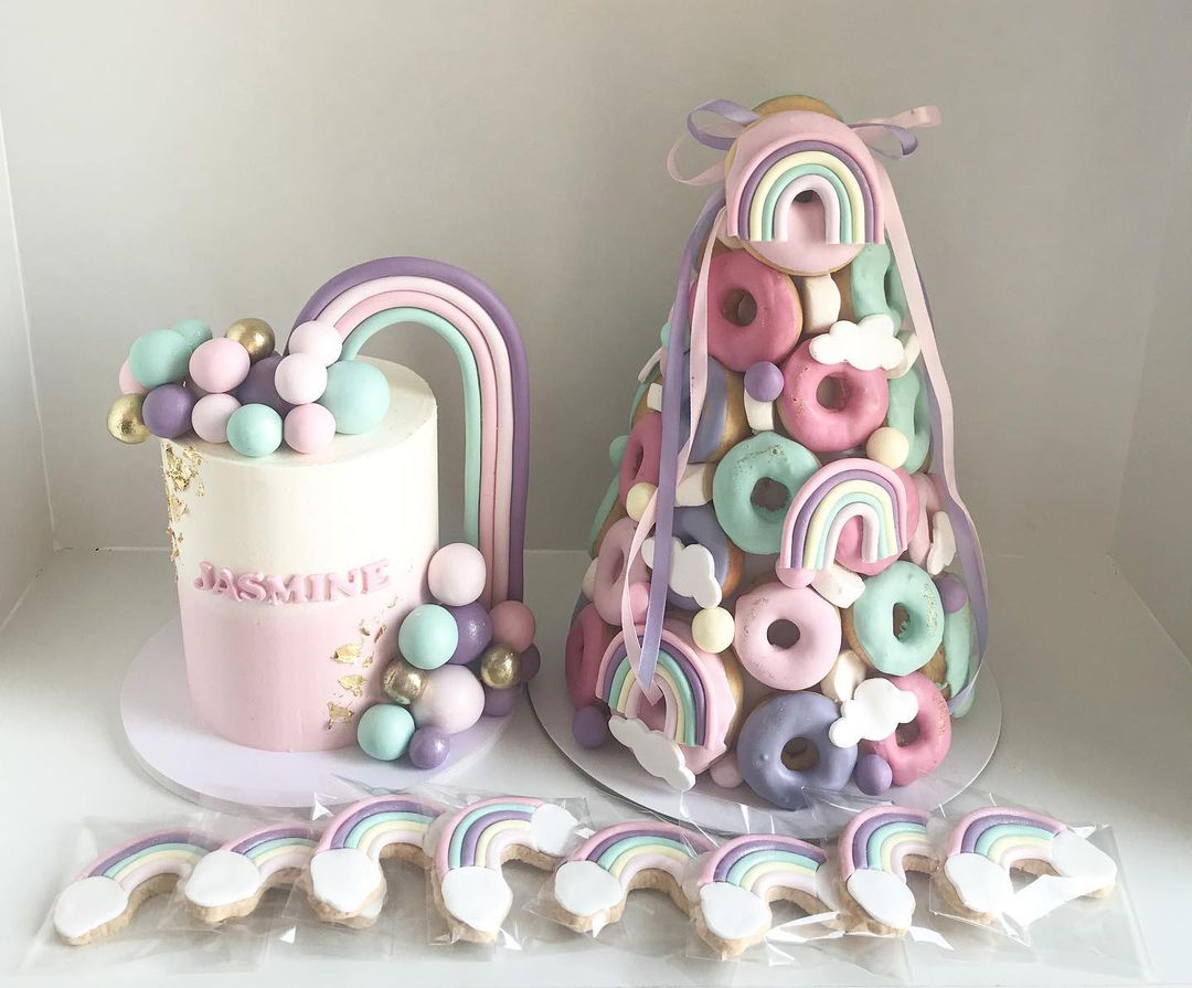 Rainbow Cake, Donut Tower & Cookies