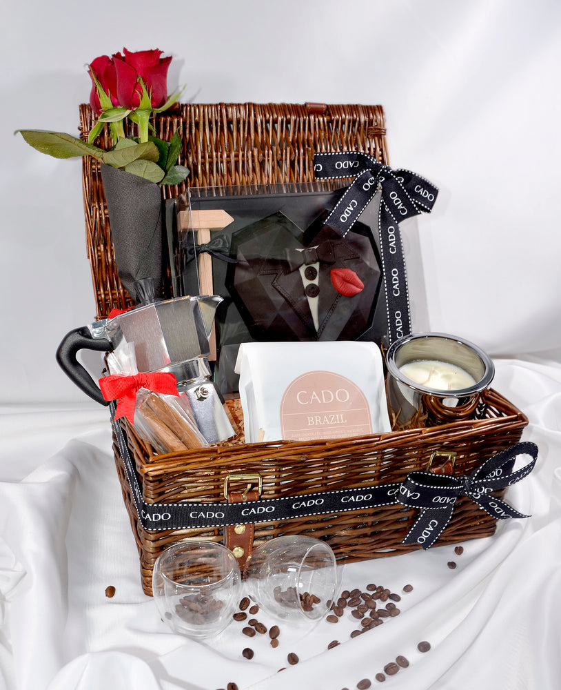 Valentine's Day hamper for him, packed with rose, chocolate, coffee and espresso cups. 